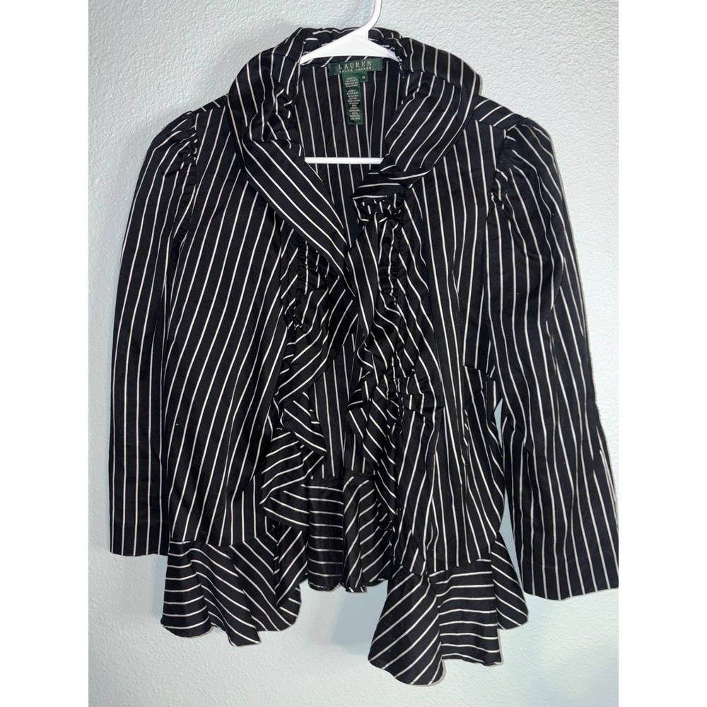 Lauren Ralph Lauren Pinstripe Ruffle Peplum Jacket Pima Cotton Silk Black Sz 14